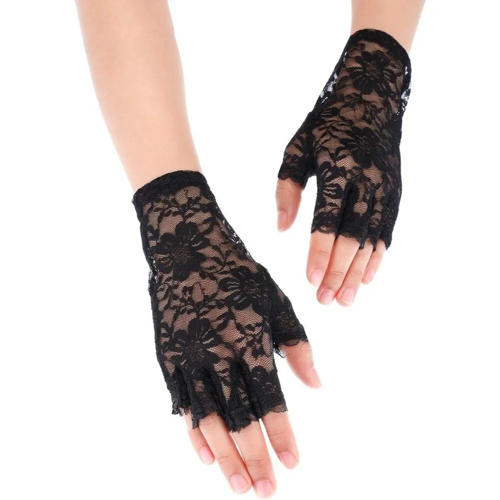 Women's Black Floral Short Lace Gloves Sunblock Fingerless Bridal Opera Party